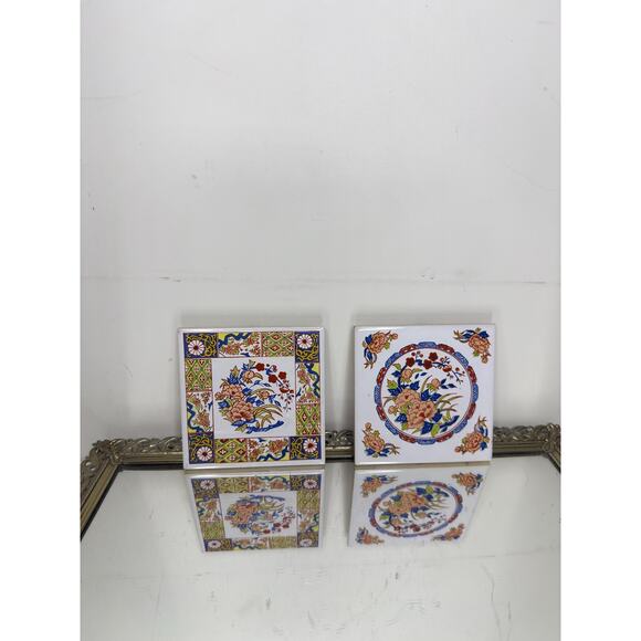 Set of Two Vintage Chinoiserie Style Coasters Trivets Tiles w/ Feet Floral - Picture 8 of 10